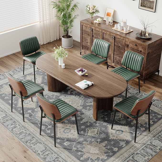 MALOL Leather Dining Chairs Set of 6, Modern Upholstered Dining Room Kitchen Chairs with Metal Legs and Wooden Back Support for Home Dining Room/Restaurant, Green