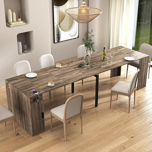 Transformer Table, Expandable Dining Table with Built-in Outlet & Storage, Extendable Folding Console for 10-12 People, Space Saving Dining Room Furniture, Grey