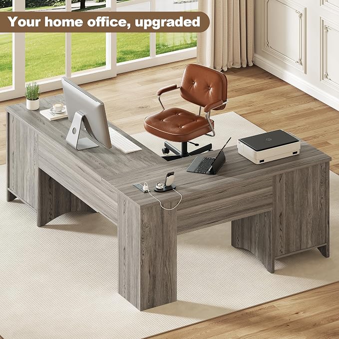 Decofy Farmhouse L Shaped Standing Desk with Storage Drawers, 67'' Corner Office Desk with File Cabinet & Charging Station, Wood Writing Computer Desk for Home Office, Study Room, Grey