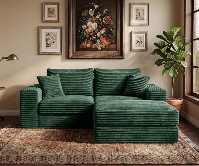 75'' L-Shaped Cloud Modular Sectional Couch with Chaise, Modern Corduroy Memory Foam Sofa Bed, Upholstered Boneless Deep Seat Fluffy Sleeper Sofa, for Living Room, No Assembly Needed (Green)