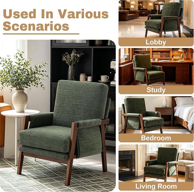 RNKSFX Green Accent Chairs for Living Room Set of 2, Modern Arm Chairs for Bedroom, Wooden Upholstered Mid Century Accent Chairs, Fabric