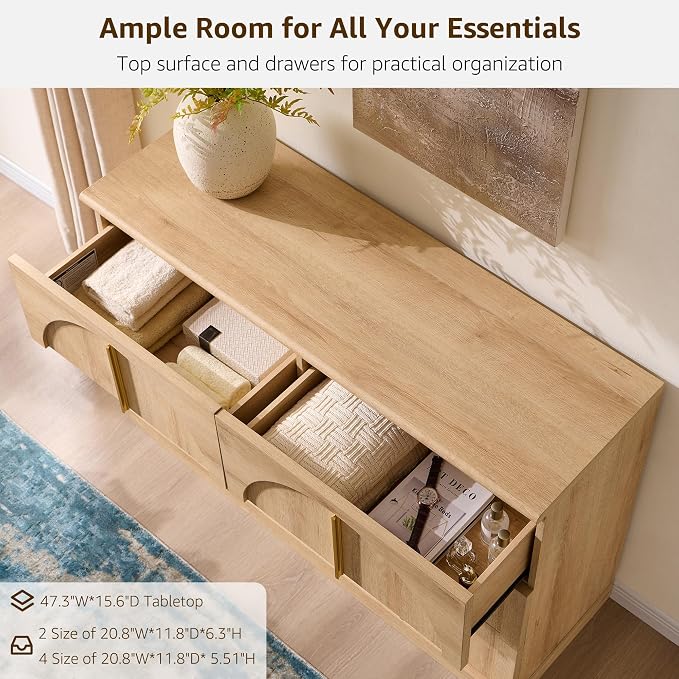 ACCOHOHO Arched Dresser for Bedroom with 6 Drawers, 47.3" Wide Modern Chest of Drawers with Rounded Edge & Metal Handles, Wood Storage Closet Dressers TV Stand for Living Room, Hallway, Oak
