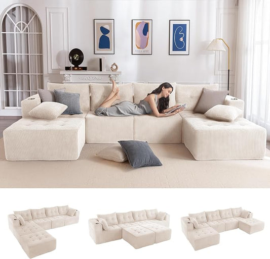 MAXYOYO 129.5" Modular Sectional Sofa Couch, U Shaped Modern Cloud Couch with 2 Ottomans, Sofa in A Box, Tufted 6-Seat Boneless Chair for Living Room, No Assembly Required, Beige