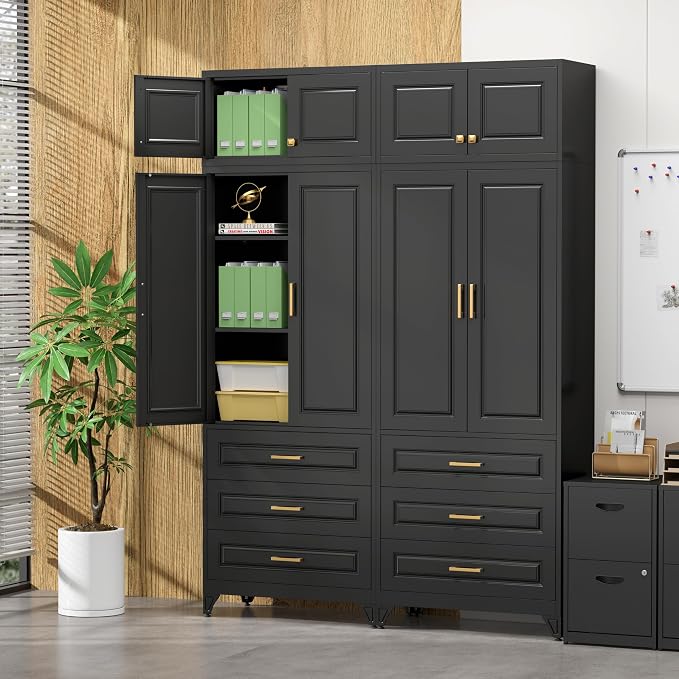 SteeLoong 90" Kitchen Pantry Cabinet with 3 Drawers,Metal Storage Cabinets with Doors and 4 Adjustable Shelves,Black Kitchen Cabinet with 2 Gold Handles,Food Cupboard for Livingroom, Bathroom,Pantry