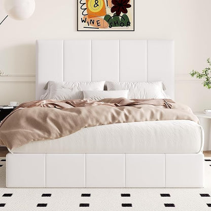 Allewie Queen Size Velvet Lift Up Storage Bed Frame, Vertical Channel Tufted Headboard, Hydrualic Underneath Storage, Upholstered Platform Bed, Wooden Slats Support, No Box Spring Needed, White