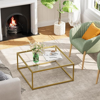 Glass Coffee Table, Small Square Coffee Table for Living Room,Simple Modern Center Tables for Small Spaces, Gold Living Room Tea Tables Easy Assembly,26 * 26in（Gold & Clear Glass）