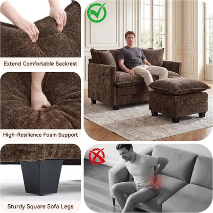 L-Shape Loveseat Sofa Couch with Ottoman, Small 50" Love Seat 27" Deep Cloud Sofa Washable Chenille Pillow for Apartment Bedroom Dorm Attic Studio Office Living Room Small Space 8833-BROWN-L