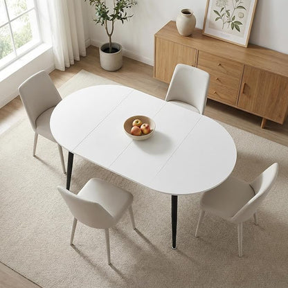 Extendable Round Dining Table for 4 6, Solid Wood for Dining Room Kitchen Office, 43"- 74" Modern Oval Kitchen Table, Removable Leaves Space Saving Expandable Dinner Table White