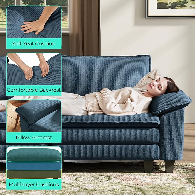 LINSY HOME 157'' Modular Sectional Sofa 4 Seat Couch Corduroy Cloud Couch with Deep Seat, Modern U-Shaped Cloud Couch with 2 Movable Ottoman for Living Room, Office, Bedroom, Blue