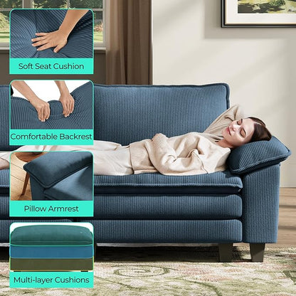 LINSY HOME 123'' Modular Sectional Sofa 3 Seat Couch Corduroy Cloud Couch with Deep Seat, Modern Cloud Couch with 3 Movable Ottoman for Living Room, Office, Bedroom, Blue