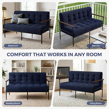 MAXYOYO Living Room Accent Chair, Loveseat Sofa Chair with Sturdy Metal Frame & Wood Armrests, Button Tufted Upholstered Small Couch Modern Love Seat for Bedroom Office, Navy