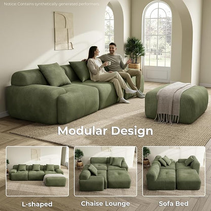 LIKIMIO LumiCord Modular Sectional Sofa with Ottoman, 118" L-Shaped Boneless Couch for Living Room, Oversized Deep Seat with Corduroy Upholstery, No Assembly Required, Olive Green