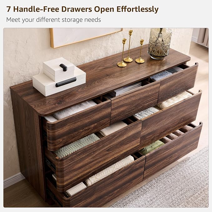 ACCOHOHO Modern 7 Drawer Dresser for Bedroom, 52" Wide Handleless Chest of Drawers, Large Push-to-Open Wood Storage, Dresser TV Stand for Bedroom, Living Room, Hallway, Curved Profile, Brown