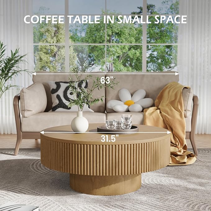 YOUDENOVA 31.5” Round Fluted Coffee Table, Modern Wood Circle Coffee Table, Veneer Handcrafted Relief Tea Table with Sturdy Pedestal for Living Room - Natural