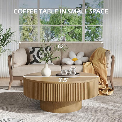 YOUDENOVA 31.5” Round Fluted Coffee Table, Modern Wood Circle Coffee Table, Veneer Handcrafted Relief Tea Table with Sturdy Pedestal for Living Room - Natural