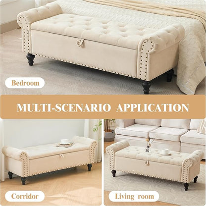 55" Storage Bench for Bedroom, Upholstered Ottoman Bench, Chenille Beige | End of Bed Bench for Bedroom, Window Benches for Living Room, Entryway, Ottoman with Large Storage Space, Pet Friendly