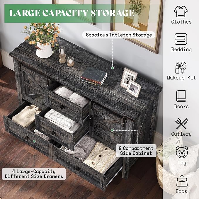 AMERLIFE 4 Pieces Farmhouse Bedroom Set, Includes Full Size Bookcase Headboard Bed Frame, 5 Drawer Tall Dresser, 47'' Dresser with 4 Drawers, 60" Dresser with 4 Drawers, Black Oak