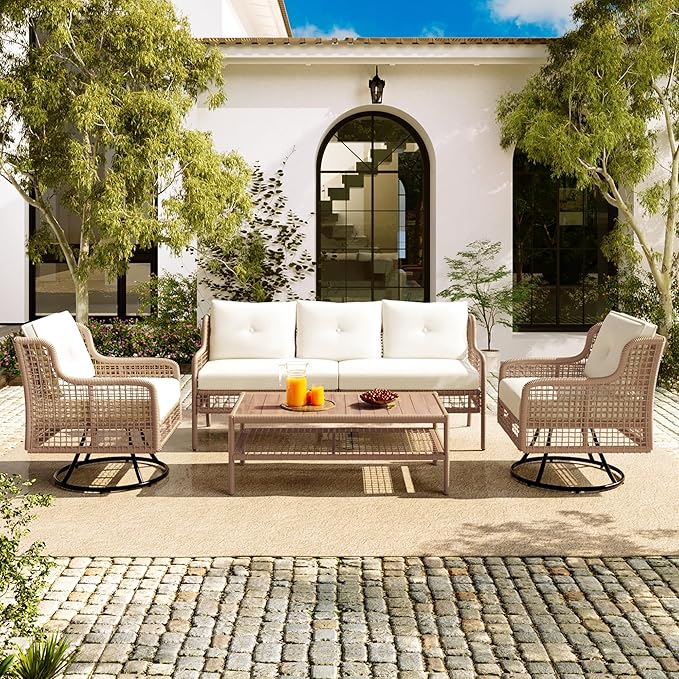 4-Piece Outdoor Wicker Sectional Sofa Set, All Weather Patio Conversation Set with 3-seater Sofa, 2 Swivel Chairs and Coffee Table, Cushions, Suitable for Poolside Backyard Deck (Beige-Swivel)