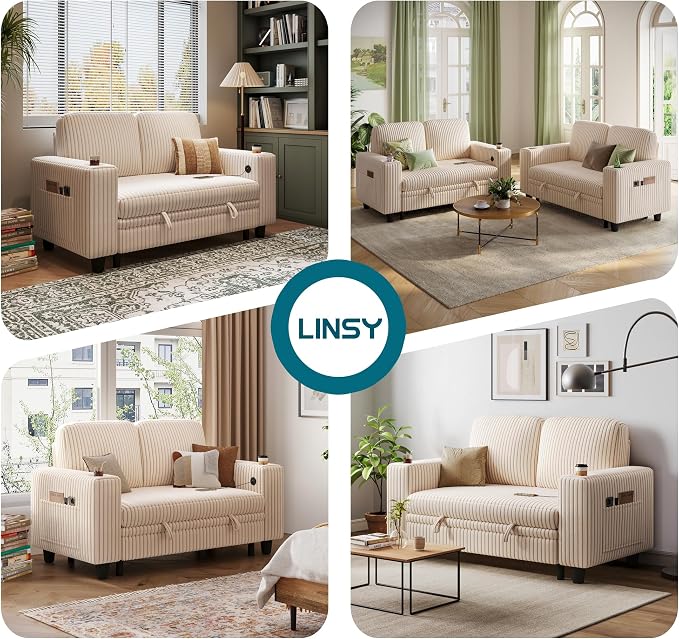 LINSY HOME Sectional Sleeper Sofa Bed, Corduroy Pull Out Couch for Living Room (Beige,Small Couch)|USB Ports, Cup Holder, Side Pocket|2 Seater Convertible Sofa Bed| Apartment Guest Room, Loveseat