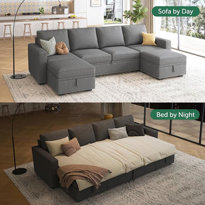 HONBAY Modular Sectional Sleeper Sofa Bed, Sectional Couch with Pull Out Bed U Shaped Modular Couch with Storage Ottoman for Living Room, Dark Grey