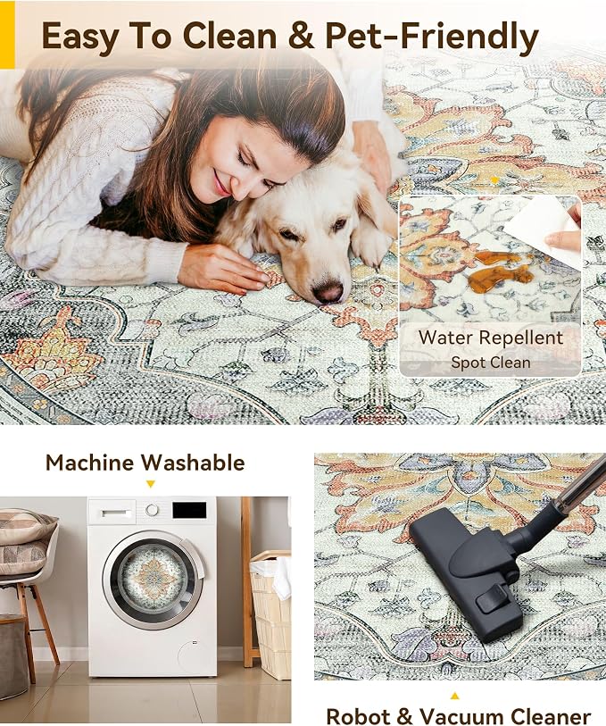 RELEANY Area Rugs Round 8ft Washable Non-Slip, Floral Vintage Distress Medallion Carpet for Living Room Bedroom Dining Room, Beige Carbon Grey Orange