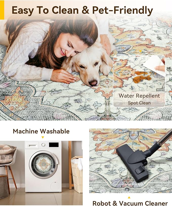 RELEANY Area Rugs Round 4ft Washable Non-Slip, Floral Vintage Distress Medallion Carpet for Living Room Bedroom Dining Room, Beige Carbon Grey Orange
