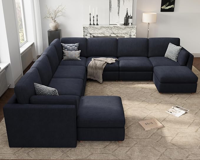 Oversized Modular Sectional Sofa U-Shaped Cloud Couches Blue | Large Deep Seat Couch for Living Room, 9 Seater Luxury Corner Sofa with Ottoman, Solid Wood Frame, Removable Washable Cover