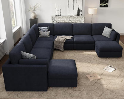 Oversized Modular Sectional Sofa U-Shaped Cloud Couches Blue | Large Deep Seat Couch for Living Room, 9 Seater Luxury Corner Sofa with Ottoman, Solid Wood Frame, Removable Washable Cover