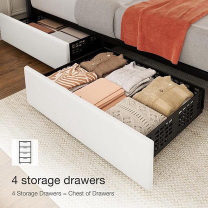IDEALHOUSE Queen Size Bed Frame with 4 Storage Drawers, PU Leather Upholstered Platform Bed Frame, Adjustable Height Headboard, No Box Spring Needed, Easy to Assembly, White