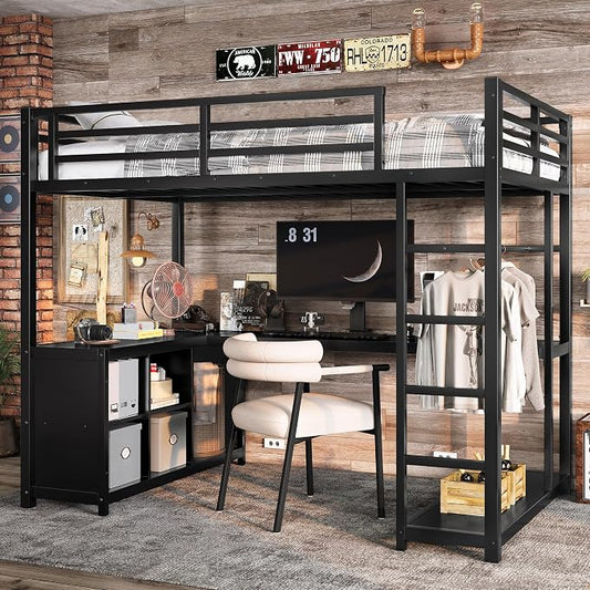 Bellemave Twin loft Bed with L Desk, Wardrobe, Metal Twin Loft Bed Frame for Adults, Kids, Teens, Black