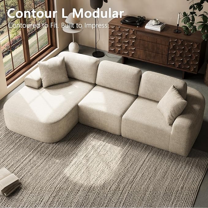 Dowinx 107" Boneless Cloud Couch, Modular Sectional Sofa with Deep Seat & Chaise, No Assembly Sofa-in-Box, Convertible L-Shape for Living Room Apartment, Bouclé, Oatmeal Beige