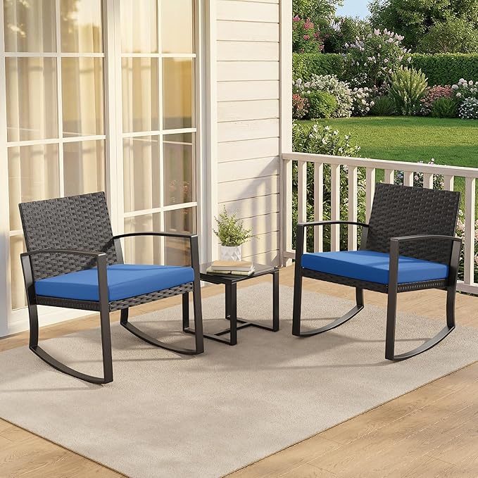 Qsun 3 Piece Patio Bistro Set Patio Furniture Set Outdoor Wicker Rocking Furniture Conversation Set with Tempered Glass Coffee Table for for Front Porch Balcony and Deck (Blue Cushion)
