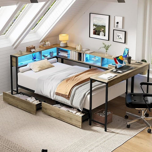 Bellemave Twin Corner Bed Frame with Desk and Storage, Twin Size Captains Bed with Charging Station and LED Light, Wood Daybeds with L-Shaped Bookcase and 2 Drawers, Grey