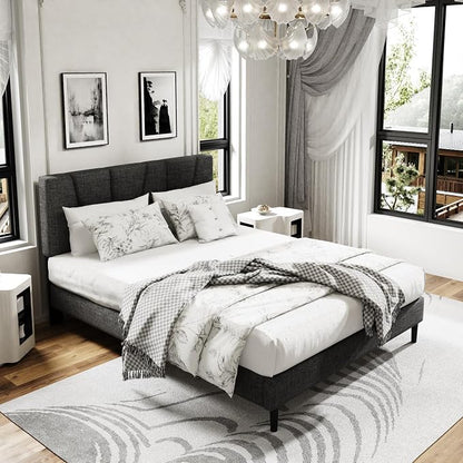 Sismplly Queen Size Platform Bed Frame with Modern Upholstered Headboard, Wooden Slats Support, Noise Free, No Box Spring Needed, Easy Assembly, Dark Grey, Linen