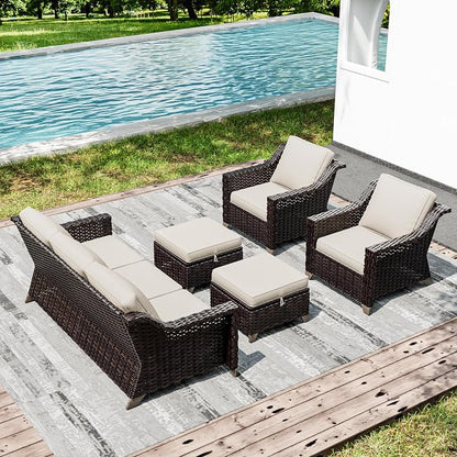 Joyside Wicker Patio Furniture Sets, 5 Pieces Upgraded Large Size Outdoor Furniture with Patio Dining Chairs, 3-Seat Sofa and Outdoor Ottoman, Thick Cushions, Wide Armrest