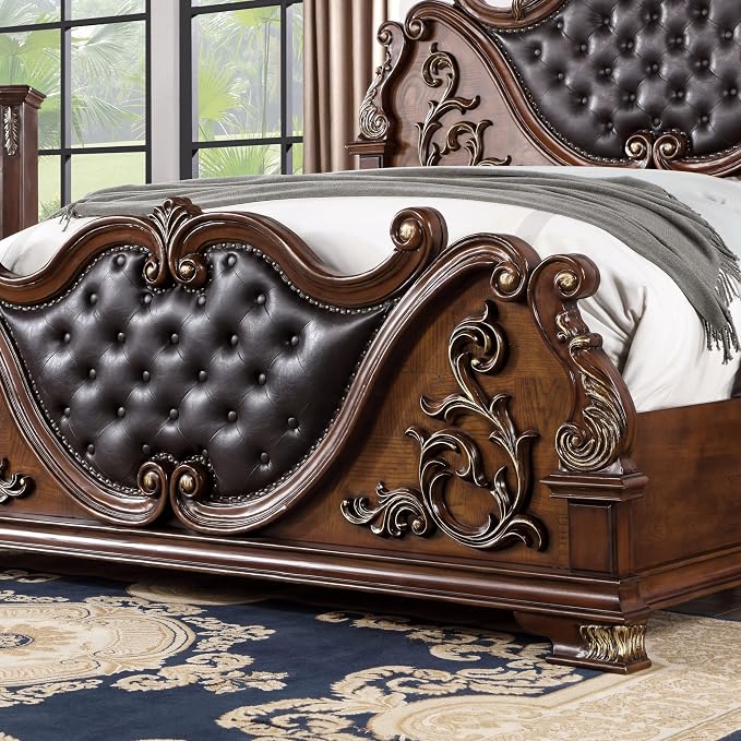 Furniture of America Clairibel Wood 3-Piece Bedroom Set, Queen-Size Bed with Button-Tufted Headboard, Marble Top Nightstand & Dovetail Drawers, Box Spring Required, Brown Cherry
