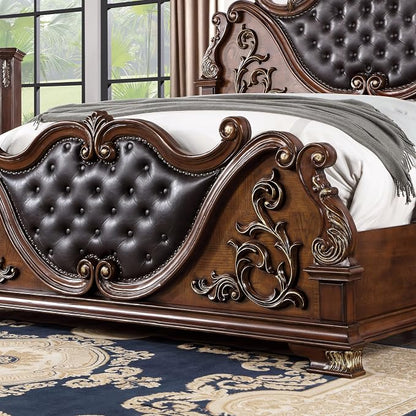 Furniture of America Clairibel Wood 3-Piece Bedroom Set, King-Size Bed with Button-Tufted Headboard, Marble Top Nightstand & Dovetail Drawers, Box Spring Required, Brown Cherry