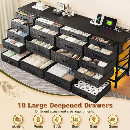 EnHomee 63" W Black TV Stand for Living Room, 18 Drawers, LED & Charging | Long Dresser for 65"-75" TV, Deep Drawer, Spacious Storage, Drawers Glide, No Wobbling, Anti-tip, Easy Assembly, Wipes Clean