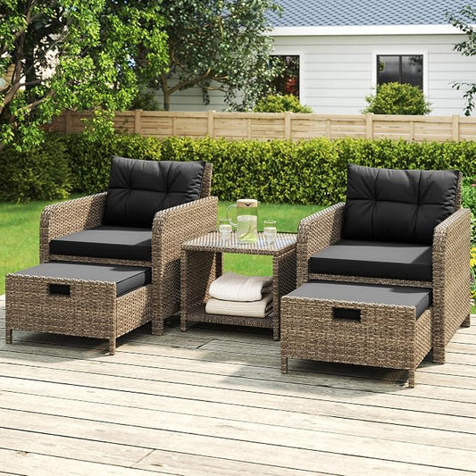 LHBcraft Balcony Furniture 5 Piece Wicker Patio Furniture Set, Outdoor Hand-Woven Rattan Lounge Chairs with Tempered Glass Coffee Table, Ottomans & Soft Cushions for Front Porch, Garden, Black