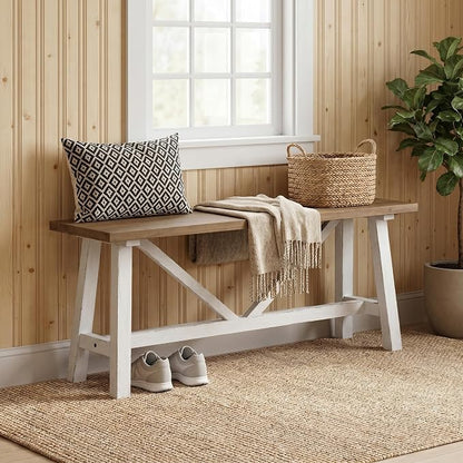 Wnutrees 43" Farmhouse Solid Wood Bench, Narrow Long Seat for Entryway Living Room Dining Area, White