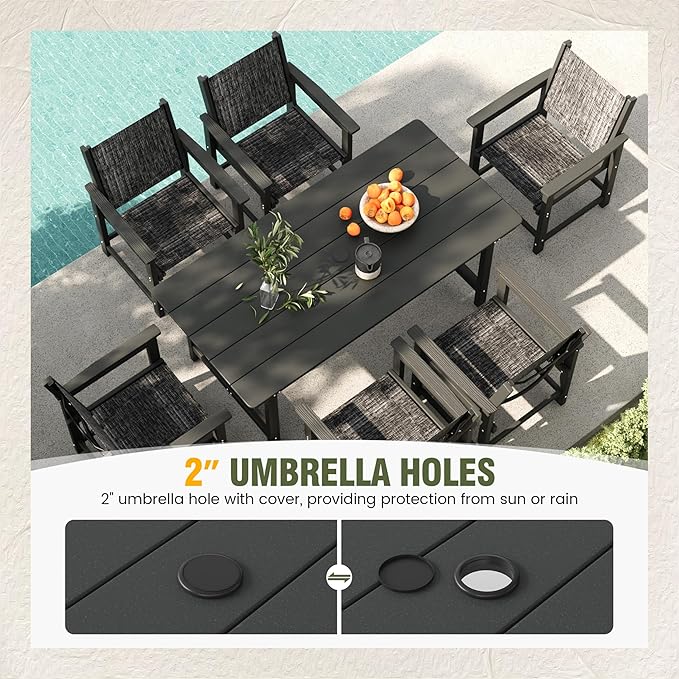 UDPATIO HDPE Outdoor Dining Table Heavy Duty All-Weather Resistant with Umbrella Hole Furniture for Patio, Poolside, Deck, Garden, Porce, Kitchen, Room,Light-Black,1Table