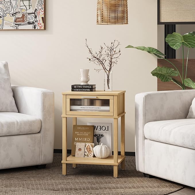 Nightstand Wooden Bedside Table with Drawer Natural Wood Night Stands Modern Style Small End Table Side Table with Storage Shelf for Bedroom Living Room MLBZ10YEV