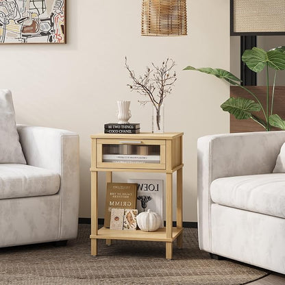 Nightstand Wooden Bedside Table with Drawer Natural Wood Night Stands Modern Style Small End Table Side Table with Storage Shelf for Bedroom Living Room MLBZ10YEV