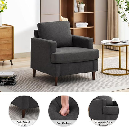Weture Mid-Century Accent Chair,Modern Linen Fabric Armchair for Living Room,Comfy Upholstered Reading Accent Chairs for Bedroom,Single Sofa Chair with Wood Legs (Dark Grey, 1 Pack)