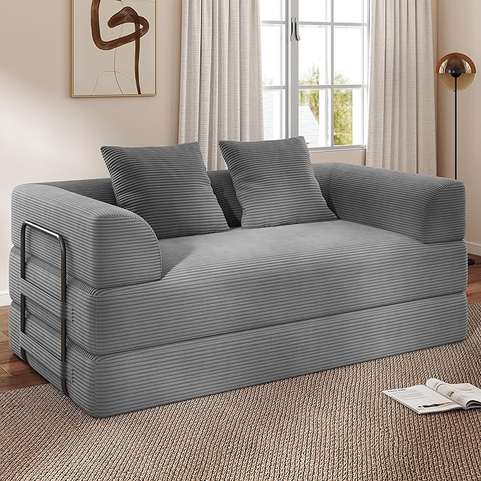 Living&Giving Convertible Boneless Couch, 5-in-1 Foldable Floor Futon Sofa Bed, 70" Corduroy Loveseat Sleeper with High-Density Foam & Firm Support for Small Apartment, Medium Gray