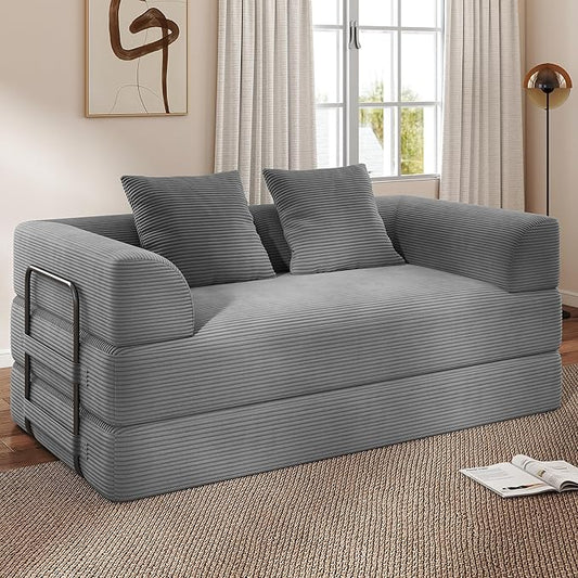 Living&Giving Convertible Boneless Couch, 5-in-1 Foldable Floor Futon Sofa Bed, 70" Corduroy Loveseat Sleeper with High-Density Foam & Firm Support for Small Apartment, Medium Gray