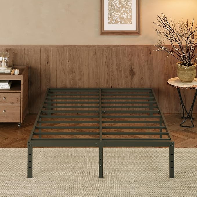 EMODA Queen Bed Frame with Cover No Box Spring Needed, 14 Inch Heavy Duty Metal Platform BedFrame Queen Size with Steel Slats, Easy Assembly