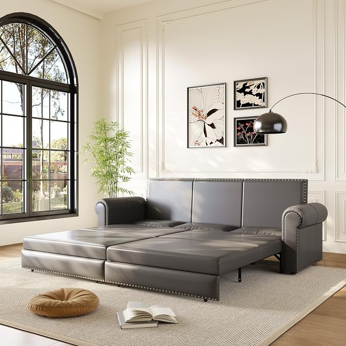 93.7" King Pull Out Sofa Bed, Faux Leather Sleeper Sofa Couch, 3 in 1 Convertible Futon Couches for Living Room, Small Space, Apartment, Office, Bedroom, Modern Rivet Armrest, Grey