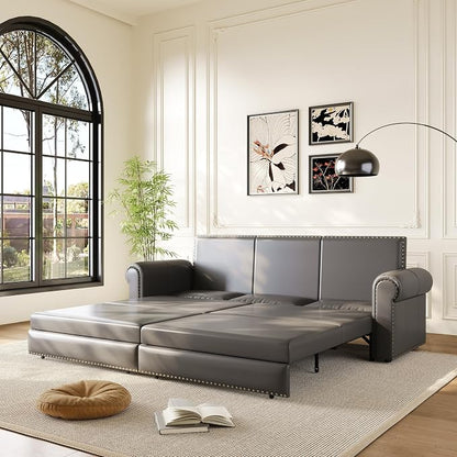 93.7" King Pull Out Sofa Bed, Faux Leather Sleeper Sofa Couch, 3 in 1 Convertible Futon Couches for Living Room, Small Space, Apartment, Office, Bedroom, Modern Rivet Armrest, Grey