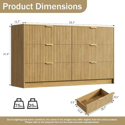 Furniway Mid Century Modern Dresser for Bedroom, 6 Drawer Wood Dresser with Fluted Front, 55.1" Wide Chest of Drawers for Living Room, Hallway, Natural Oak
